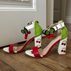 SHEIN Red White & Green Cherry Block Heel Sandals